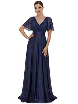 Ever-Pretty Damen Funkelnde Rüschenärmel Tiefer V-Ausschnitt Empire-Taille A-Linie Abendkleid Navy blau 52EU von Ever-Pretty