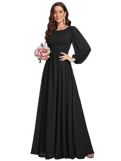 Ever-Pretty Damen Long Brautjungfernkleider Lange Ärmel Chiffon Rundkragen Ärmellos Elegant Schwarz 48EU von Ever-Pretty