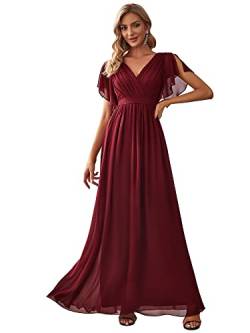 Ever-Pretty Damen Partykleider Gürtel A-Linie Empire Kurze Ärmel Cocktailkleider V-Ausschnitt Chiffon Elegant Burgund 50EU von Ever-Pretty