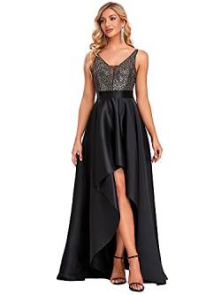 Ever-Pretty Damen V-Ausschnitt Ärmellos High Low Hohe Taille Partykleider mit Pailletten Schwarz 44 von Ever-Pretty