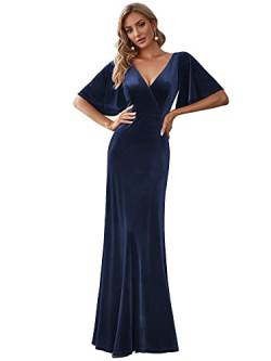 Ever-Pretty Damen V-Ausschnitt Kurze Ärmel Hohe Taille Samt Elegant Maxi Abendkleid Navy Blau 48 von Ever-Pretty