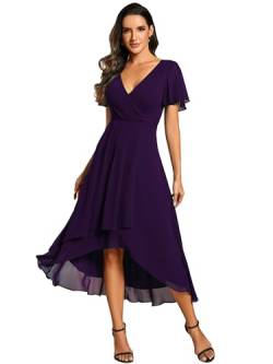 Ever-Pretty Hochzeitsgastkleid V Ausschnitt Gerüschte Ärmelränder Damen Elegante Empire Taille Brautjungfer Kleider Chic Dunkelviolett 36 von Ever-Pretty