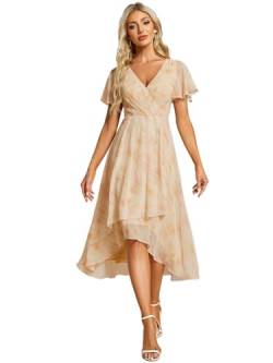 Ever-Pretty Hochzeitsgastkleid V Ausschnitt Gerüschte Ärmelränder Damen Elegante Empire Taille Brautjungfer Kleider Chic Goldene Rose 42 von Ever-Pretty