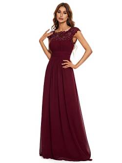 Ever-Pretty Weihnachtskleid Damen Abendkleider Kurze Ärmel Rundkragen Spitze Empire A-Linie Elegant Chiffon Bodenlang Brautjungfernkleider Burgund 46EU von Ever-Pretty