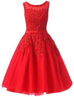 EverBeauties Knielang Damen Abendkleider Perlstickerei Spitze Applique T¨¹ll Kurz Ballkleid Rot 38 von EverBeauties