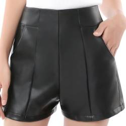 Damen Hoch Taillierte Kunstleder Shorts Taschen Weites Bein Shorts Schwarz Large von Everbellus
