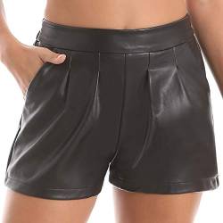 Everbellus Damen Elastic Waist Lose Shorts Kunstledershorts mit Taschen Schwarz Large von Everbellus