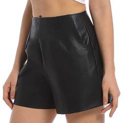 Everbellus Damen Kunstleder Shorts mit Hoher Taille und Taschen PU Shorts Schwarz Small von Everbellus