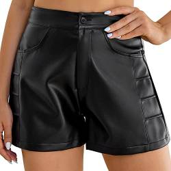 Everbellus Damen Mode Hoch Taillierte Kunstleder Shorts mit Taschen Weitem Bein Schwarz Large von Everbellus