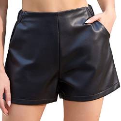 Everbellus Damen Schwarze Kunstleder Shorts mit Taschen Sexy PU Shorts Medium von Everbellus