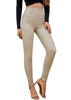 Everbellus Sexy Damen Faux PU Leder Leggins Hohe Taille Hüfthoch Strumpfhose Hose Beige XLarge von Everbellus