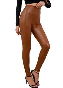 Everbellus Sexy Damen Faux PU Leder Leggins Hohe Taille Hüfthoch Strumpfhose Hose Braun Large von Everbellus