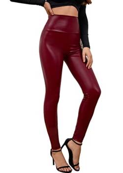 Everbellus Sexy Damen Faux PU Leder Leggins Hohe Taille Hüfthoch Strumpfhose Hose Rot Medium von Everbellus