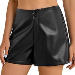 Everbellus Sexy Damen Ledershorts Kunstleder mit Hoher Taille und Weitem Bein Schwarz Medium von Everbellus