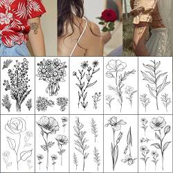 Esland Realistische Strichzeichnungen Blumen Temporäre Tattoos 10 Stück Kleine Abnehmbare Botanische Blatt Tattoo Aufkleber für Frauen von Everjoy