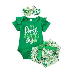 EveryLu Baby Girl My First St. Patrick's Day Outfit Shamrock Short Sleeve Strampler Print Shorts Headband Set (Grün, 3-6 Monate) von EveryLu