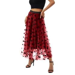 Tüllrock Damen Vintage Herz Druck Elastische Hohe Taille Tutu Röcke Mesh Geschichtet A-Linie Swing Midi Rock Casual Cocktail Party Rock (Rot, One Size) von EveryLu