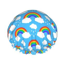 Regenbogenwolken Regentropfen-Duschhaube für Damen, Duschkappen für langes Haar, wasserdichter Duschhut, geeignet für Hotelbad, Familienbad, Reisen, Urlaub, wiederverwendbare Duschhaube. von Evius