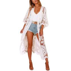 Evolyline Damen Sommer Bikini Cover up Badeanzug Maxi Strandkleid, Boho Kimono Lang Strand Cardigan Blumenspitze, Leichte Strickjacke Beachwear Beach Dress Pareos & Strandkleider Spitze von Evolyline