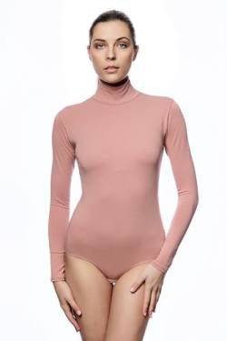 Evoni Damen Body langarm I Bodysuit aus feiner Baumwolle I Slim Fit Frauen Blusenbody mit Stehkragen I Body Shaper mit Verschluß I Jumpsuit L rose von Evoni