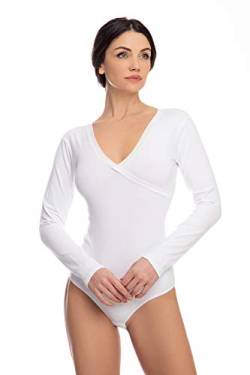 Evoni Damen Body langarm I blickdichter Bodysuit mit V-Ausschnitt für Frauen I Langarmbody aus Baumwolle I Body Shaper mit Verschluß I Jumpsuit S weiß von Evoni