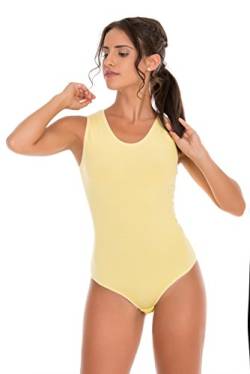 Evoni Damenbody Größen | Damen Overall Bodysuit mit Rundhals | breite Träger | Verschluß-Haken | Unterzieh-Body mit optimaler Passform | sportlicher Damen-Body, Gelb, L von Evoni