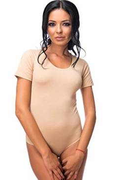 Evoni Damenbody | Overall Bodysuit mit Rundhals für Frauen | Kurzarm-Body in verschiedenen Farben mit Verschluss | hochwertige Nachtwäsche mit optimaler Passform | sportlicher Damen-Body(Large, Beige) von Evoni