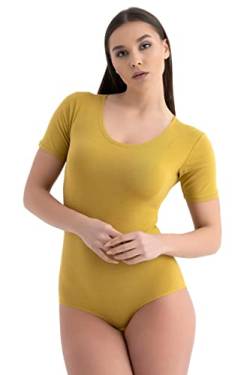 Evoni Damenbody mit kurzen Ärmeln und Rundhals I Damen T-Shirt I Bodysuit Women I Unterzieh-Body aus Baumwolle I Kurzarm-Body mit optimaler Passform Senf L von Evoni