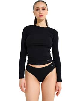 Evoni Frauen Unterwäsche aus Baumwolle I 2teiliges Wäsche Set für Damen - enges Langarmshirt & Brasilien Damen Slip I Sexy Dessous Set I XL, Schwarz von Evoni