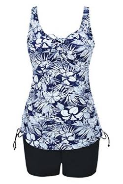 EwigYou Damen Große Größen Zweiteiliger Badeanzug Retro Tankini mit Bügel Push Up Bauchweg Bademode, Weiße Blumen, EU 52-54/Herstellergröße 64 von EwigYou