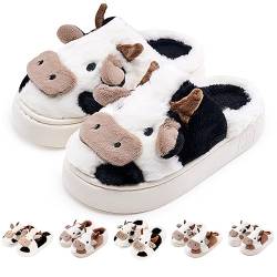 Kuh Hausschuhe Flaumig Damen Herren Cow Slippers Plüsch Pantoffeln Tiere Niedliche Cartoon Hauspantoffeln Winter Kuschelige Warme Schuhe Indoor Mädchen Frauen -black hp-4445 von Exceligen