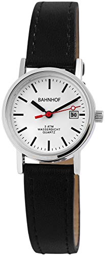 Bahnhof Damen-Uhr schwarz Kunstleder Armbanduhr Länge 22,5 cm ⌀26mm mit Datumsanzeige gut ablesbare 3-Zeiger Bahnhofsuhr von Excellanc