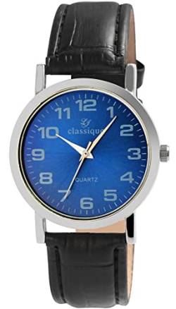 Classique Herrenuhr Blau Schwarz Analog Metall Kunst-Leder Quarz Armbanduhr von Excellanc