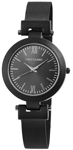 Design Damen Armband Uhr Schwarz Römische Ziffern Analog Edelstahl Meshband Milanaise Quarz Frauen 91800155001 von Excellanc