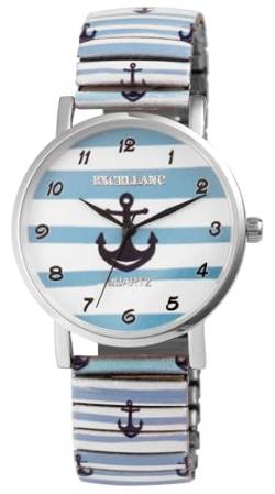 Design Zugband Damen Armband Uhr Blau Weiß Maritim Anker Edelstahl Analog Quarz 91700069004 von Excellanc