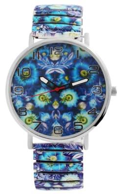 Donna Kelly Design Damen Armband Uhr Mehrfarbig Bunt Blau Blumen Motiv Stretch Edelstahl Zugband 91700048006 von Excellanc