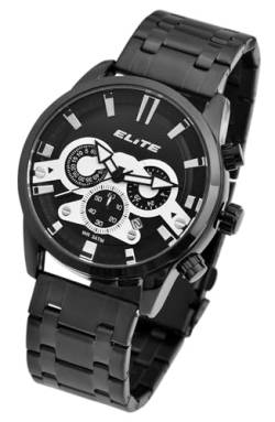 Elite Herren Armband Uhr Schwarz Silber Chronograph Edelstahl Analog Datum 92800063005 von Excellanc