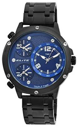 Elite Herrenuhr Blau Schwarz Analog Triple Time Weltzeit 3 Zeiten Zeitzonen Metall Quarz 3 Bar Armbanduhr von Excellanc