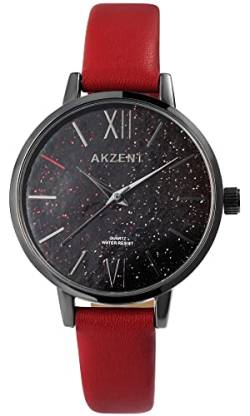 Excellanc Akzent Mode Damen Armband Uhr Schwarz Rot Glitter Analog Kunst Leder Quarz 91900245004 von Excellanc