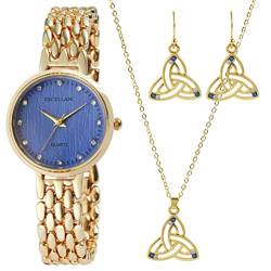 Excellanc Damen-Geschenkset Uhr Kette Anhänger Ohrstecker Analog Quarz 1800231 (goldfarbig blau) von Excellanc