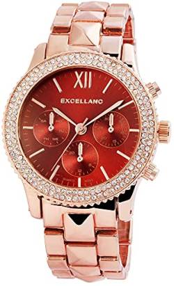 Excellanc Damen-Uhr Gliederarmband Metall Faltschließe Strass Analog Quarz 1800036 (roségoldfarbig rot) von Excellanc