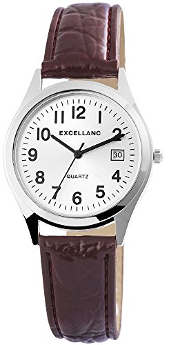 Excellanc Damen-Uhr Kunstleder Armband Dornschließe Datum Analog Quarz 2900217 (braun silberfarbig weiß) von Excellanc