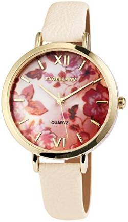 Excellanc Damen-Uhr Lederimitat Armband Blumen Floral Analog Quarz 1900094 (Creme) von Excellanc