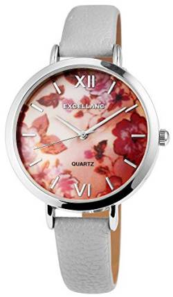 Excellanc Damen-Uhr Lederimitat Armband Blumen Floral Analog Quarz 1900094 (grau) von Excellanc