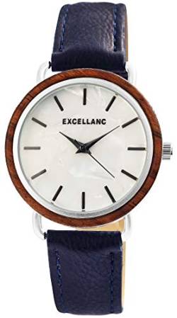 Excellanc Damen – Uhr Lederimitations Armbanduhr Holz-Ring Analog Quarz 1900244 (Blau/Silberfarbig) von Excellanc