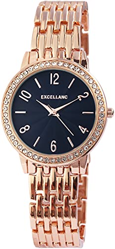 Excellanc Damen-Uhr Metall Gliederarmband Faltschließe Strass Analog Quarz 1800125 (roségoldfarbig blau) von Excellanc