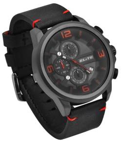 Excellanc Elite Herren Armband Uhr Grau Schwarz Rot Chronograph Echt Leder Analog Datum 92900192004 von Excellanc