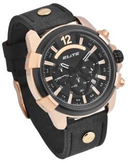 Excellanc Elite Herren Armband Uhr Schwarz Roségold Chronograph Echt Leder Analog Datum 92900194005 von Excellanc