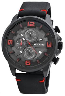 Excellanc Elite Herrenuhr Schwarz Grau Rot Analog Datum Chronograph Kunst-Leder Quarz 3 Bar Armbanduhr von Excellanc