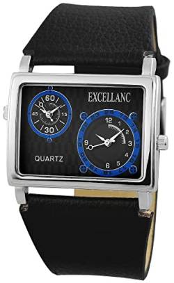 Excellanc Herren Armbanduhr Schwarz Blau 2 Zeitzonen Dual Time Leder Analog Männer Quarz 9225721100014 von Excellanc